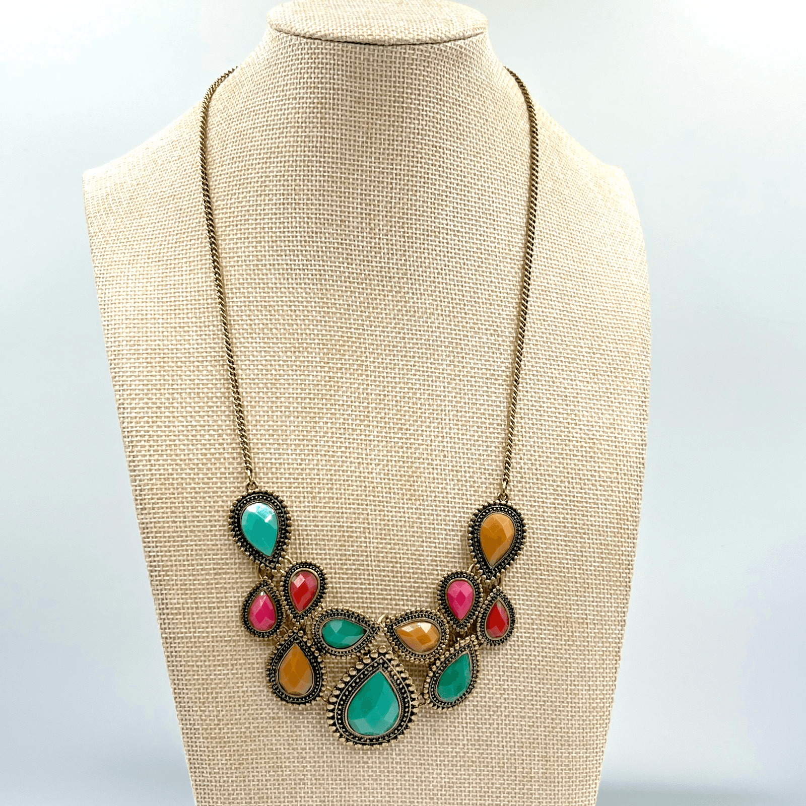 VTG Boho Antique Bronze Teardrop Statement Necklace Multi-Color Jewel Tone Bib - Thumbnail 5