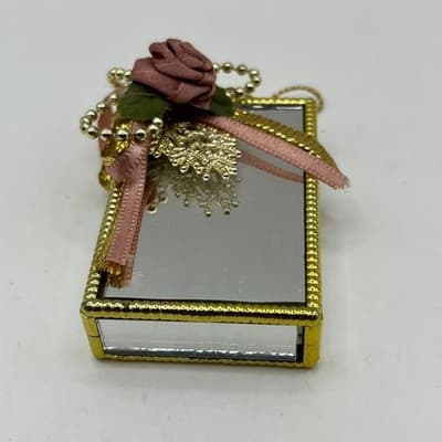 Vintage Mirrored Jewelry Box Gold Tone Trim Pink Fabric Rose Ribbon Trinket Case - Thumbnail 2