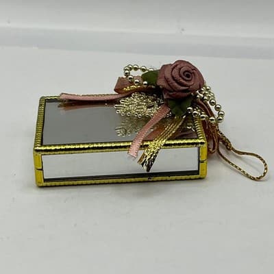 Vintage Mirrored Jewelry Box Gold Tone Trim Pink Fabric Rose Ribbon Trinket Case - Thumbnail 5