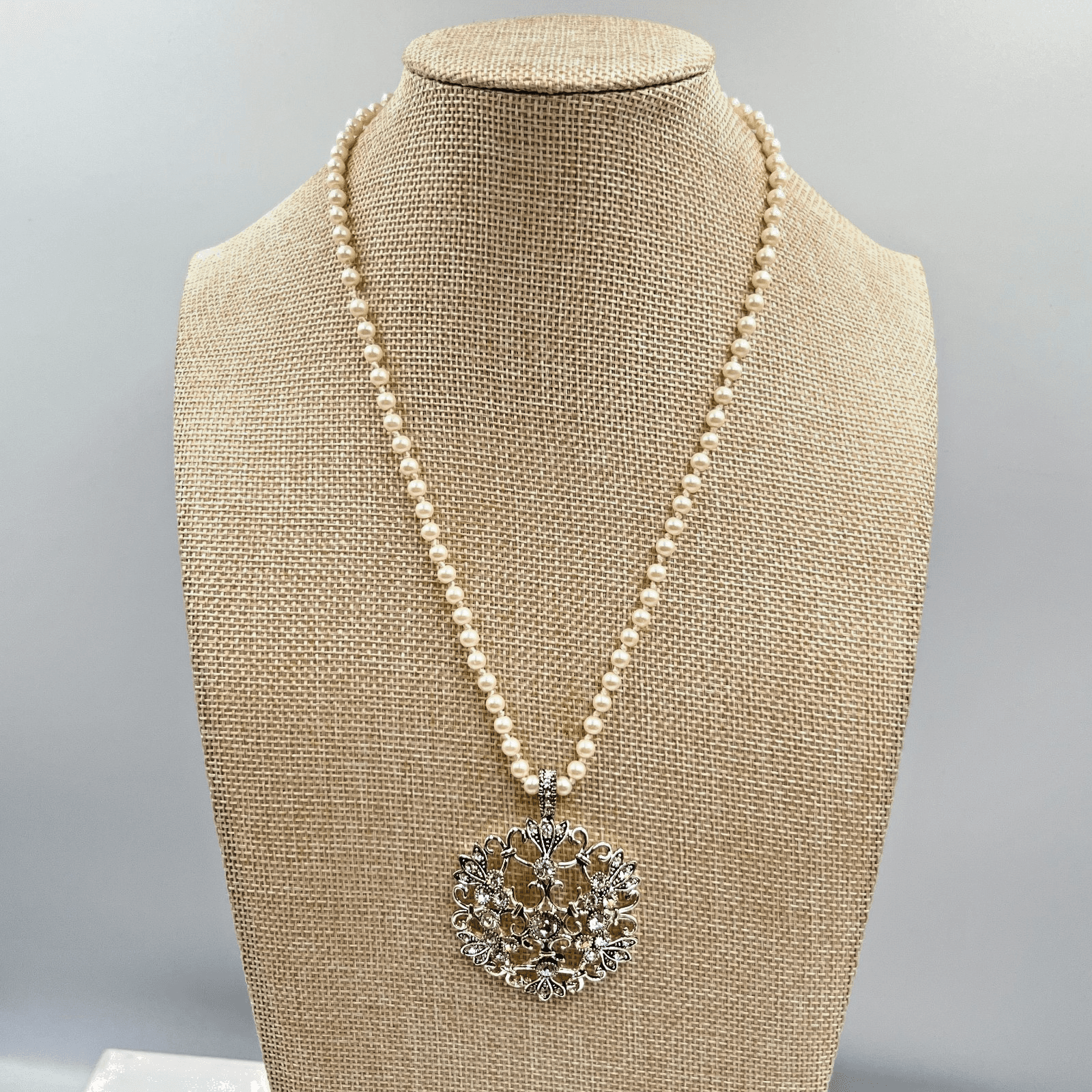 Vintage Faux Pearl Necklace Statement Filigree Open Work Crystal Pendant Bridal
