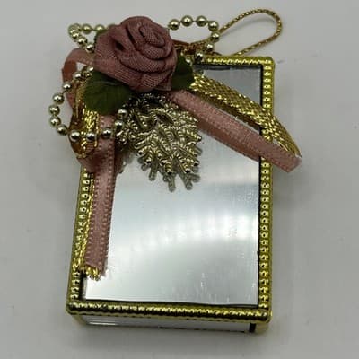 Vintage Mirrored Jewelry Box Gold Tone Trim Pink Fabric Rose Ribbon Trinket Case - Thumbnail 3