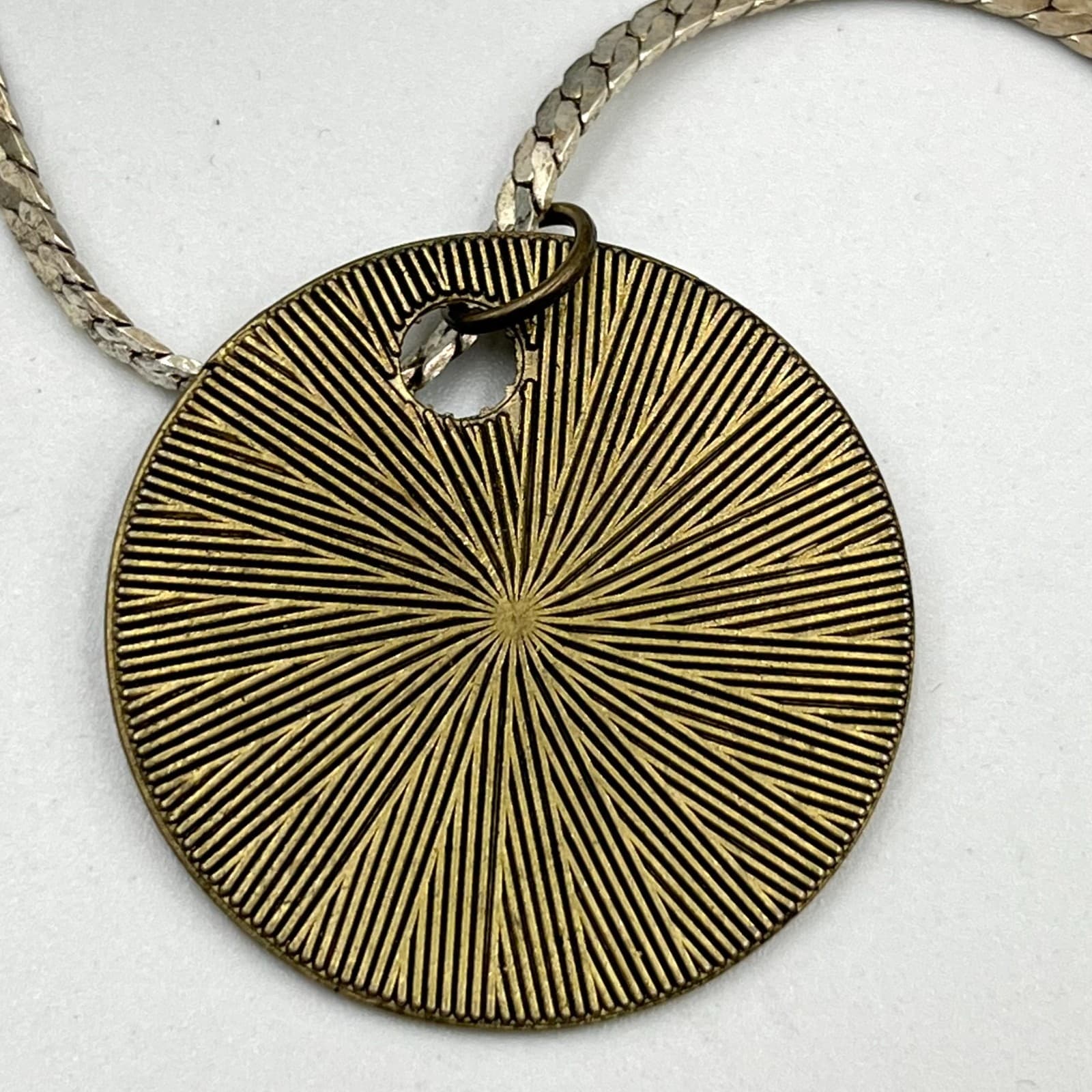 VTG Retro Inspirational Necklace Silver Tone Herringbone Chain Gold Medallion - Thumbnail 4