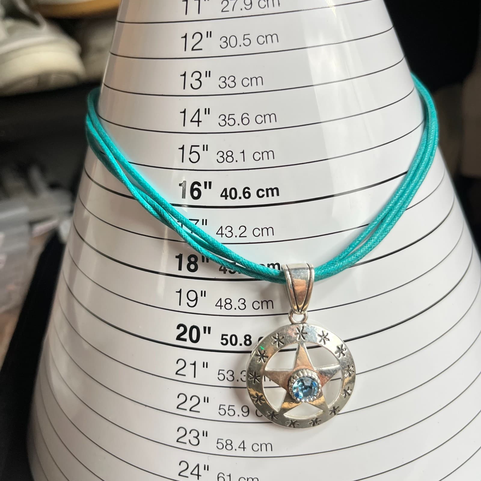 Vintage Star Pentagram Teal Cord Necklace Silver Tone Blue Crystal Boho Retro - Thumbnail 7