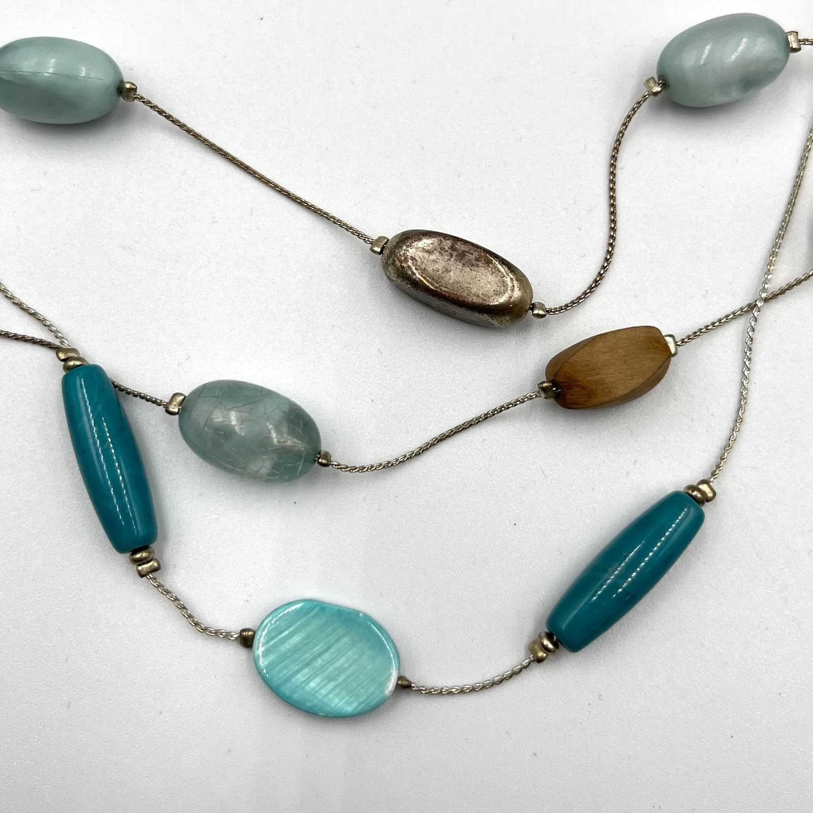 VTG Boho Retro Multi-Strand Blue Teal Beaded Necklace, Silver Tone Wood Accents - Thumbnail 3