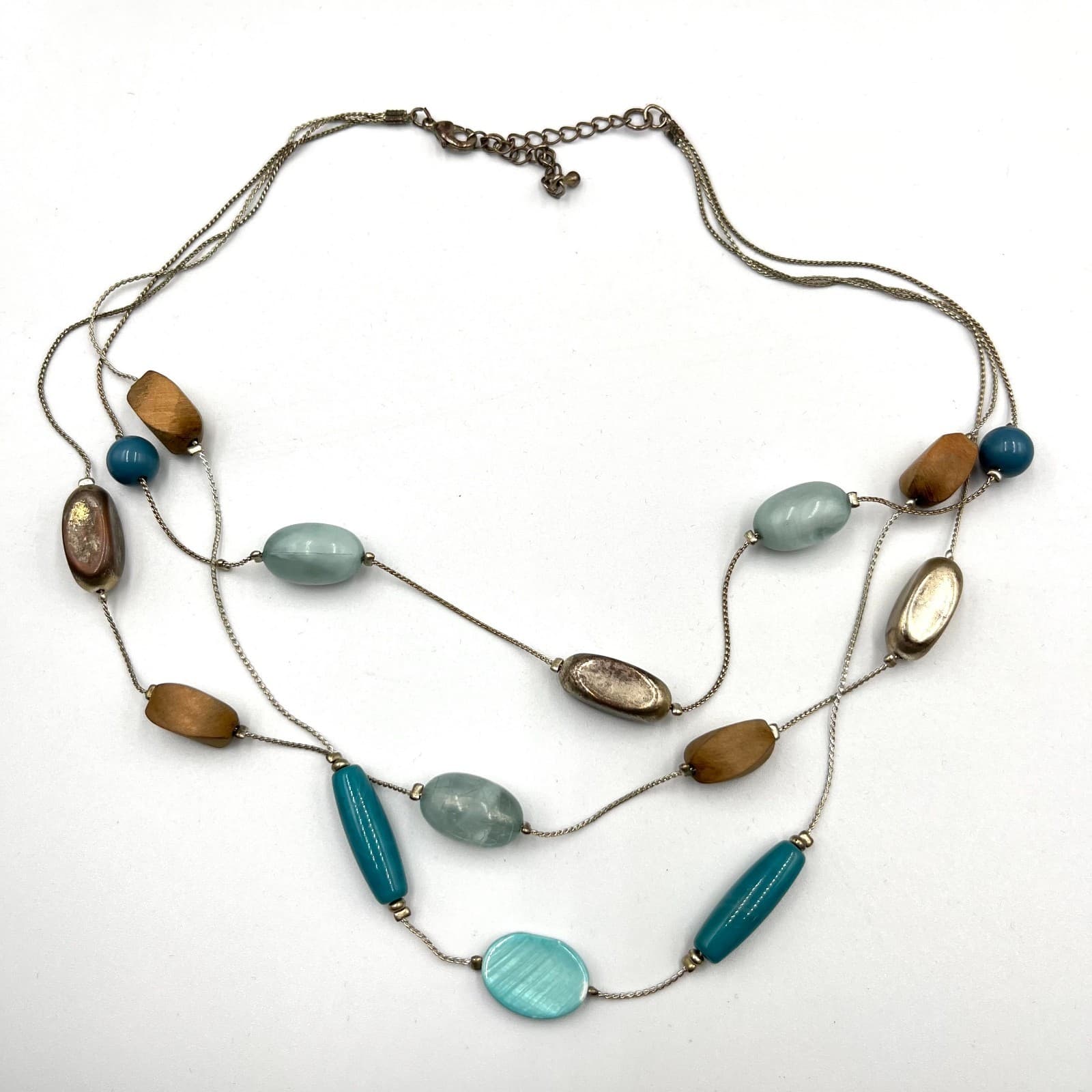 VTG Boho Retro Multi-Strand Blue Teal Beaded Necklace, Silver Tone Wood Accents - Thumbnail 2