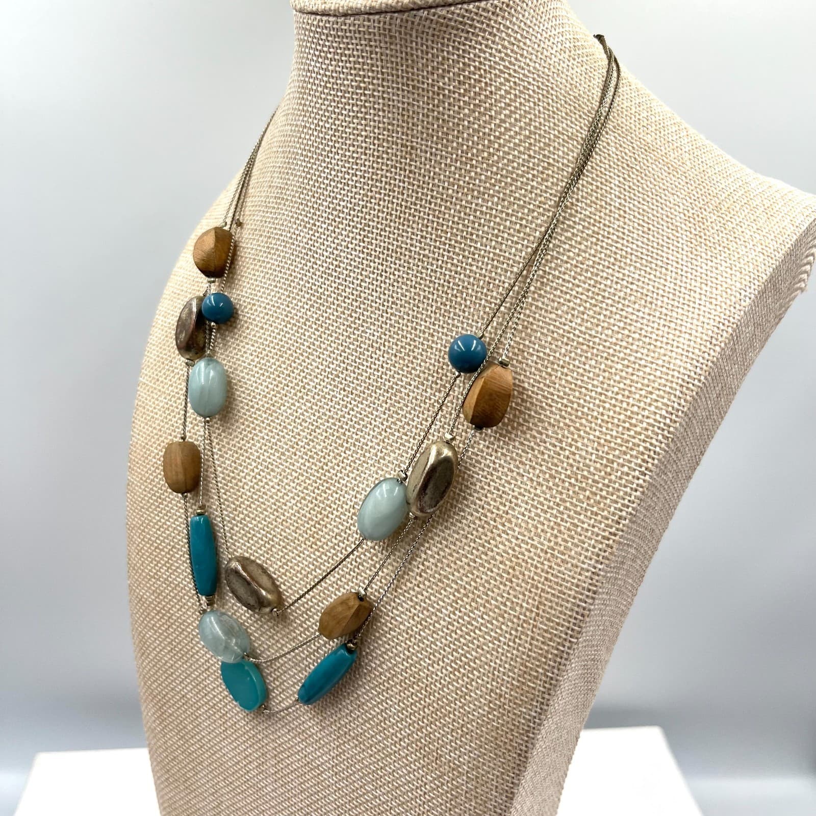 VTG Boho Retro Multi-Strand Blue Teal Beaded Necklace, Silver Tone Wood Accents - Thumbnail 6