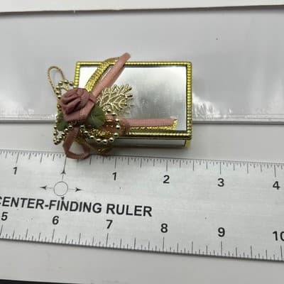 Vintage Mirrored Jewelry Box Gold Tone Trim Pink Fabric Rose Ribbon Trinket Case - Thumbnail 7