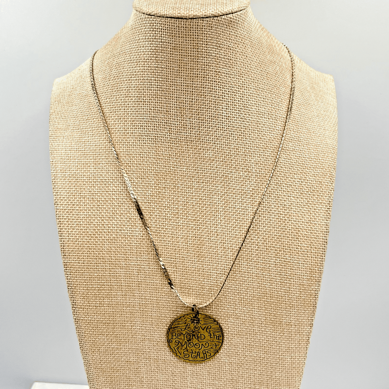 VTG Retro Inspirational Necklace Silver Tone Herringbone Chain Gold Medallion - Thumbnail 2