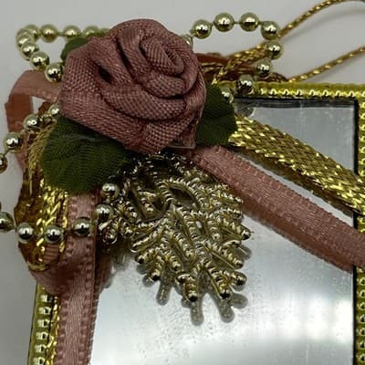 Vintage Mirrored Jewelry Box Gold Tone Trim Pink Fabric Rose Ribbon Trinket Case - Thumbnail 4
