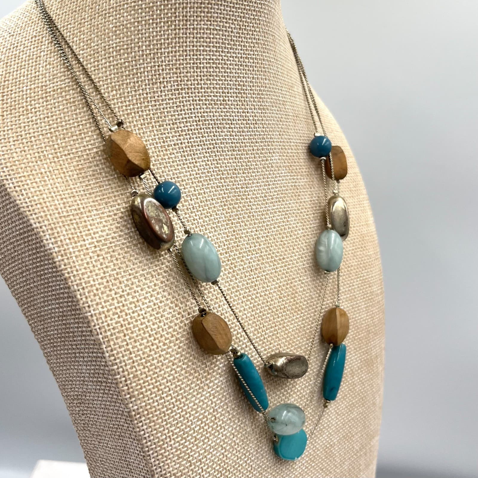 VTG Boho Retro Multi-Strand Blue Teal Beaded Necklace, Silver Tone Wood Accents - Thumbnail 5