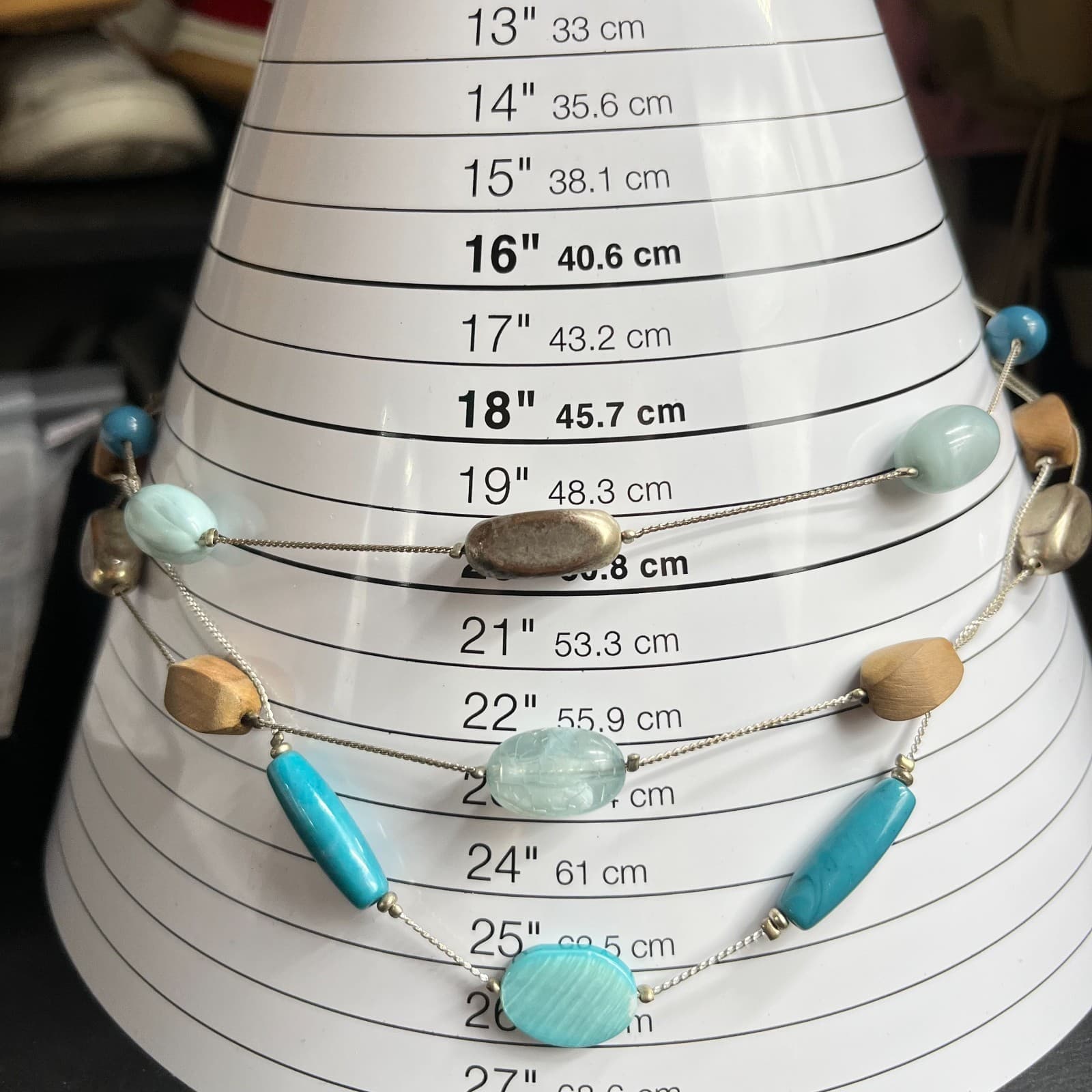 VTG Boho Retro Multi-Strand Blue Teal Beaded Necklace, Silver Tone Wood Accents - Thumbnail 8