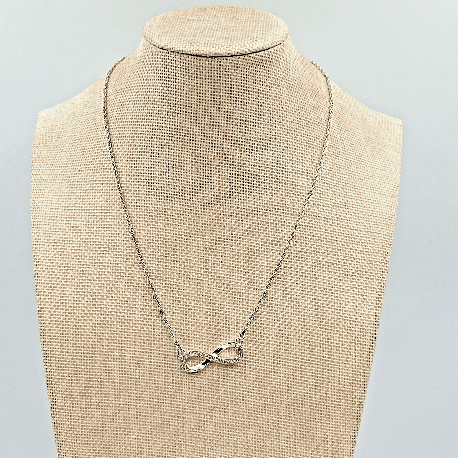 VTG Elegant Silver Tone Infinity Pendant Necklace Clear Rhinestone Minimalist - Thumbnail 2