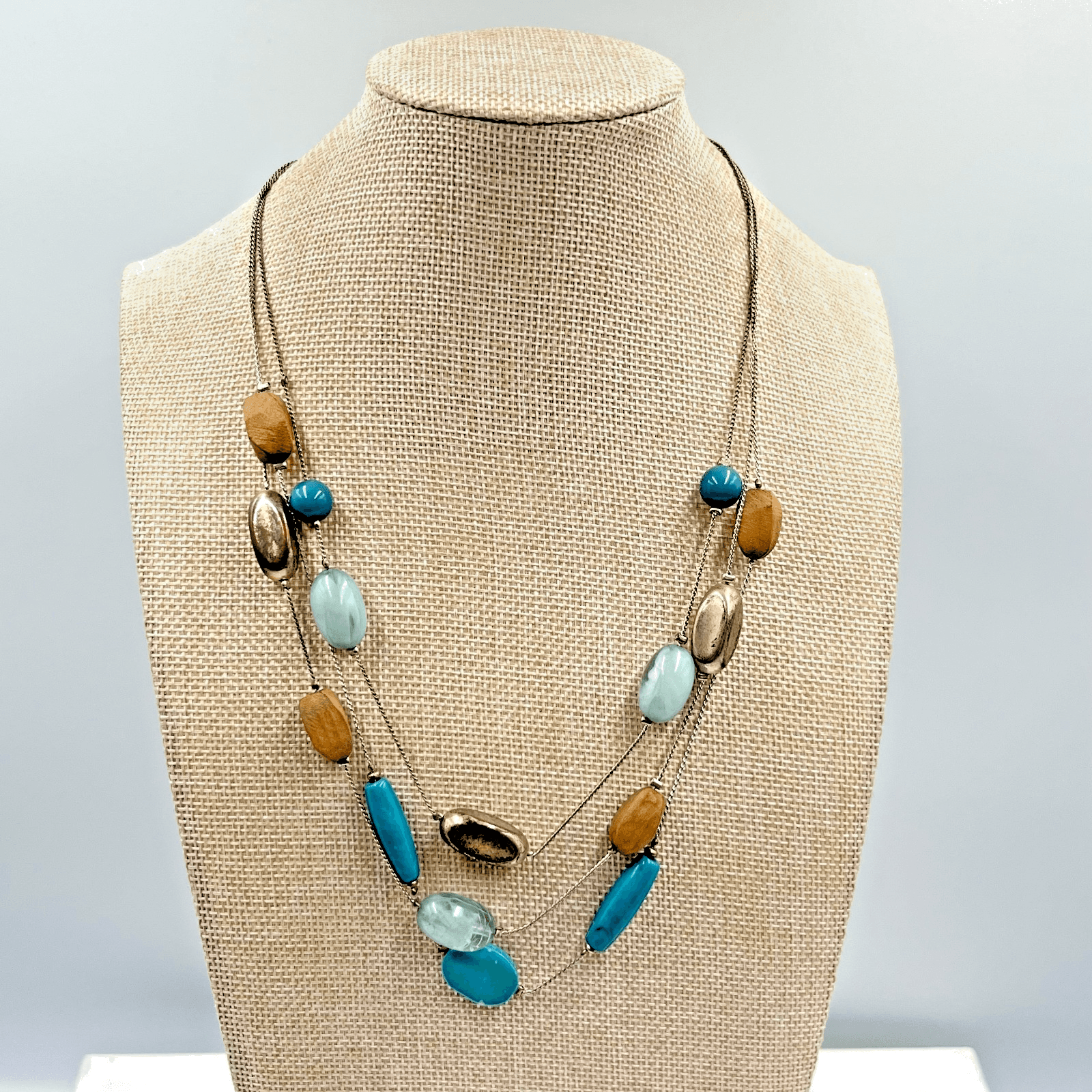 VTG Boho Retro Multi-Strand Blue Teal Beaded Necklace, Silver Tone Wood Accents