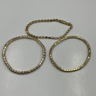 Vintage Gold Tone Rhinestone Jewelry Set Y Lariat Necklace & 3 Tennis Bracelets - Thumbnail 2