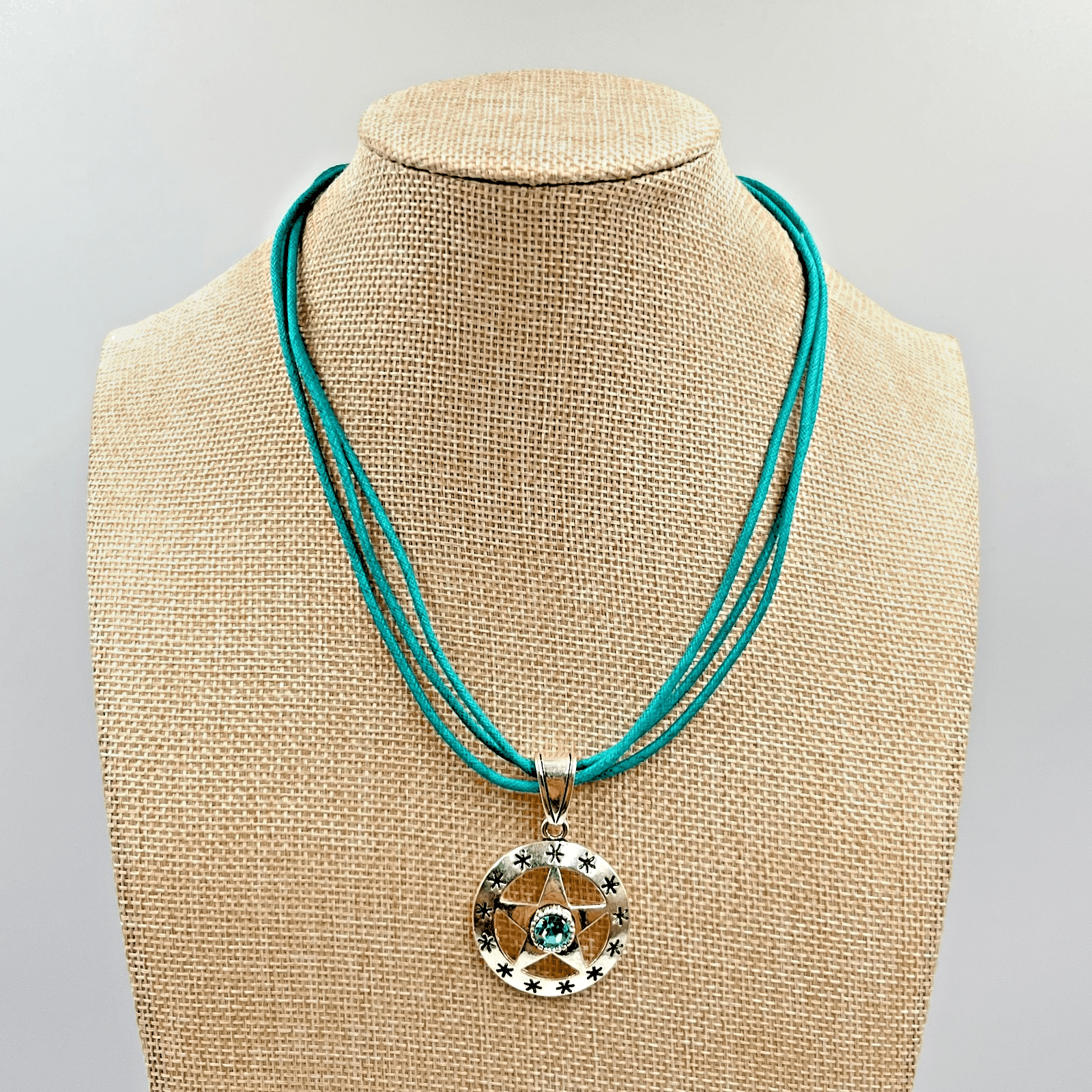 Vintage Star Pentagram Teal Cord Necklace Silver Tone Blue Crystal Boho Retro