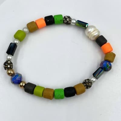 Vintage Multicolor Mixed Bead Bracelet w/ Freshwater Pearl & Rhinestone Accents