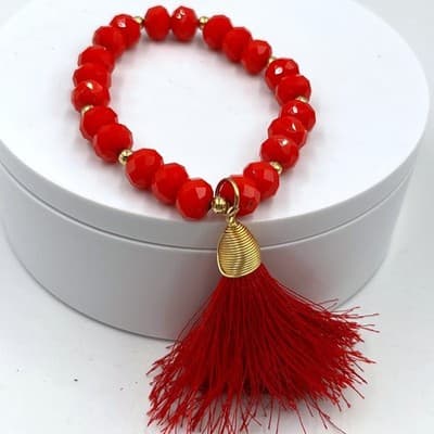 Vintage Red Faceted Beaded Stretch Bracelet Gold Tone Accents & Tassel Charm