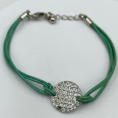 Vintage Lia Sophia Green Cord Bracelet Pave Crystal Disc Charm Adjustable Chain