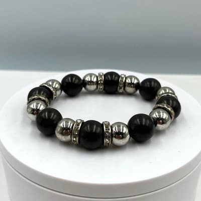 VTG Black Beaded Stretch Bracelet Silver Tone Spacer Rhinestone Round Statement