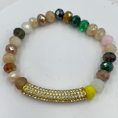 Vintage Multicolor Faceted Beaded Stretch Bracelet Rhinestone Pave Bar Gold Tone