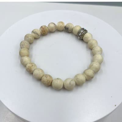 VTG Cream Marbled Beads Stretch Bracelet Silver Tone Rhinestone Spacer Jewelry