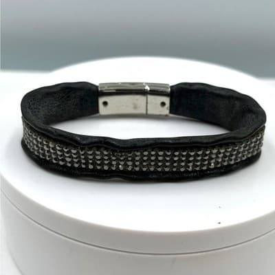 Vintage Black Leather Rhinestone Bracelet Magnetic Clasp Sparkle Cuff Cassic