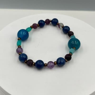 Vintage Beaded Stretch Bracelet Blue Purple Green Round Beads Gold Tone Spacers - Thumbnail 2