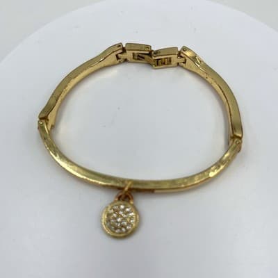 Vintage Gold Tone Hinged Bangle Bracelet w/ Rhinestone Charm Minimalist Classic