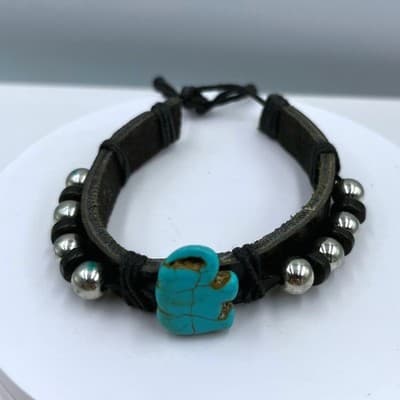 Vintage Black Leather Bracelet Turquoise Howlite Elephant Silver Bead Southwest