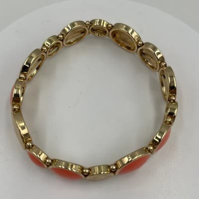 Gold Tone Orange Cabochon Disc Stretch Bracelet Chunky Retro Statement - Thumbnail 2
