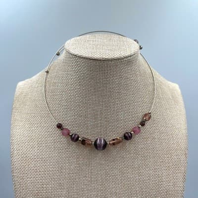 Vintage Purple Beaded Choker Necklace Wire Collar Pink Glass Beads Statement
