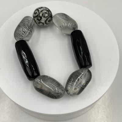 Vintage Chunky Stretch Bracelet Glass Beads Black Faceted & Silver Swirl Accent