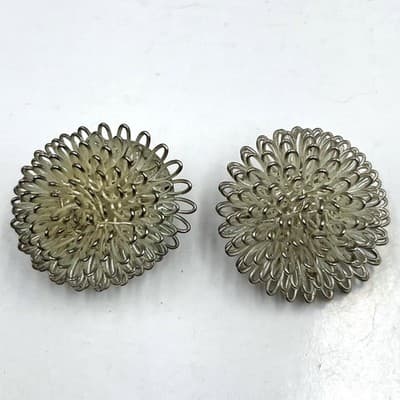 Vintage Silver Tone Wire Loop Pom Pom Floral Burst Clip-On Earrings Mid Century