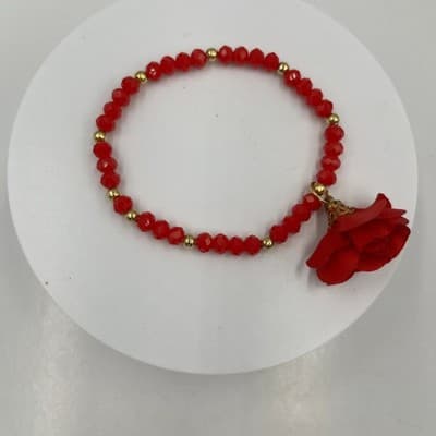 Vintage Red Faceted Beaded Bracelet with Gold Tone Accents & Fabric Flower Charm - Thumbnail 2
