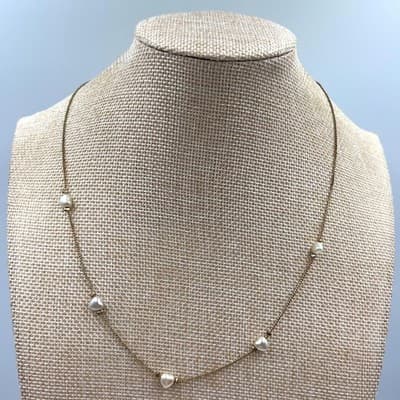 Gold Tone Chain Necklace w/ Heart Pearl Stations Dainty Minimalist Adjustable
