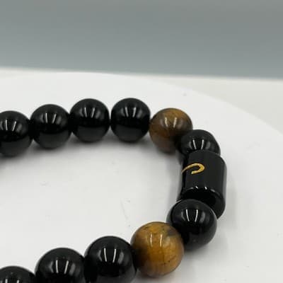Vintage Black Beaded Stretch Bracelet Tiger Eye Accent Initial J Charm Unisex - Thumbnail 4