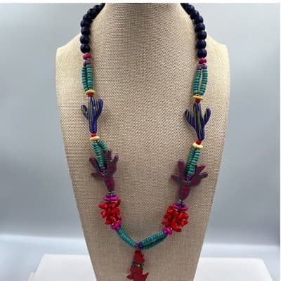 Vintage Southwestern Beaded Necklace & Earrings Set Cactus Dog Motif Colorful