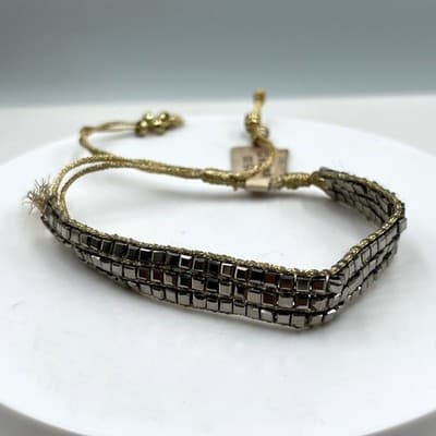 Vintage Shelly & Co Cord Bracelet Silver Tone Square Beads & Crystal Accent Rows