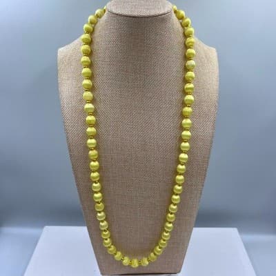 Vintage Yellow Beaded Necklace Satin Finish Round Beads Gold Tone Spacers 28-30"