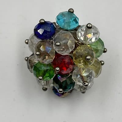 Vintage Multicolor Faceted Crystal Cluster Ring Silver Tone Statement Cocktail