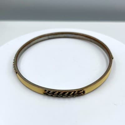 Vintage Gold Tone Cream Enamel Inlay Bangle Bracelet Curb Chain Link Detail