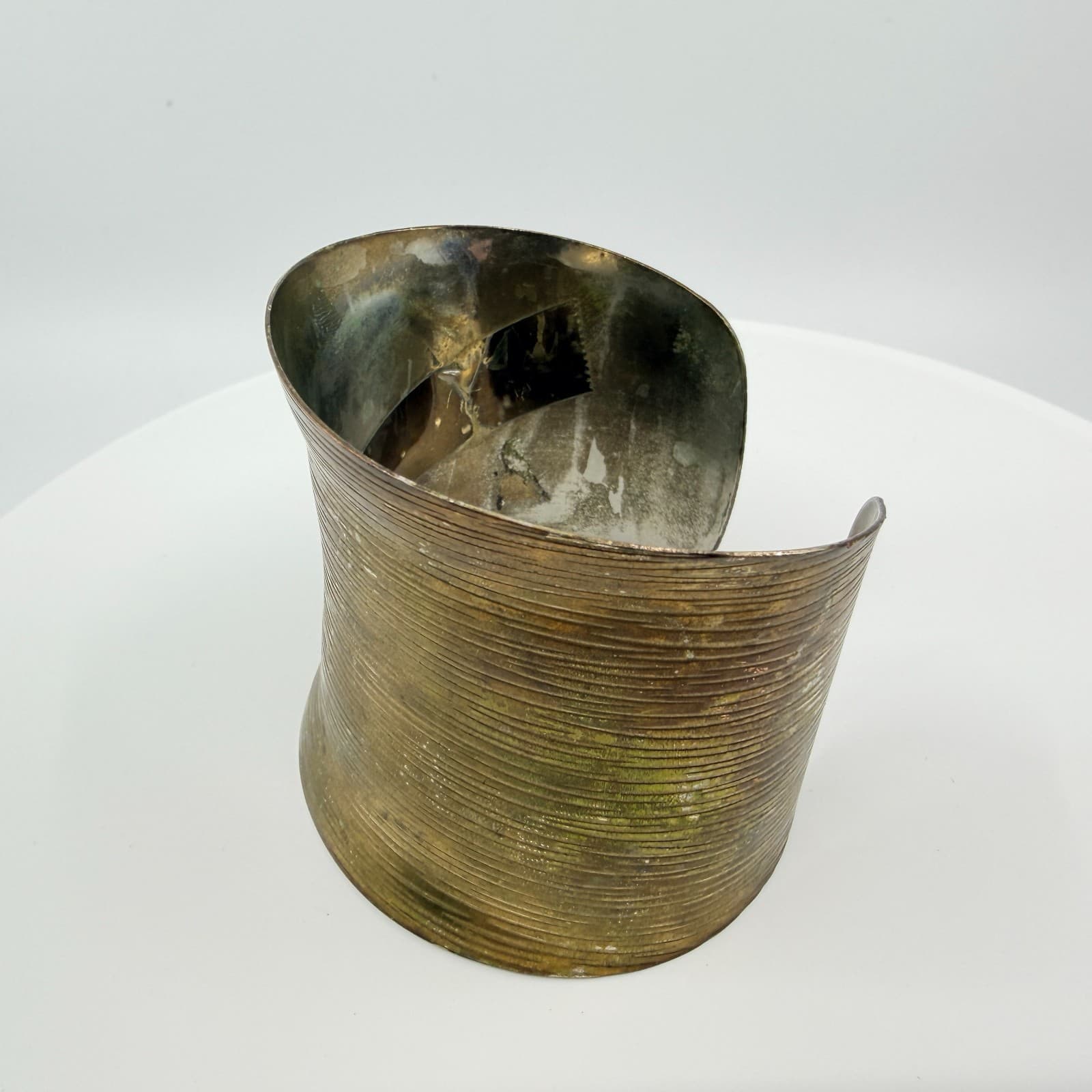 Vintage Brass Tone Ribbed Wide Cuff Bracelet Tall Statement Chunky Textured Boho - Thumbnail 2