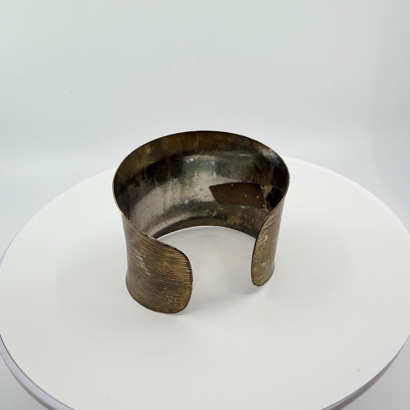 Vintage Brass Tone Ribbed Wide Cuff Bracelet Tall Statement Chunky Textured Boho - Thumbnail 6