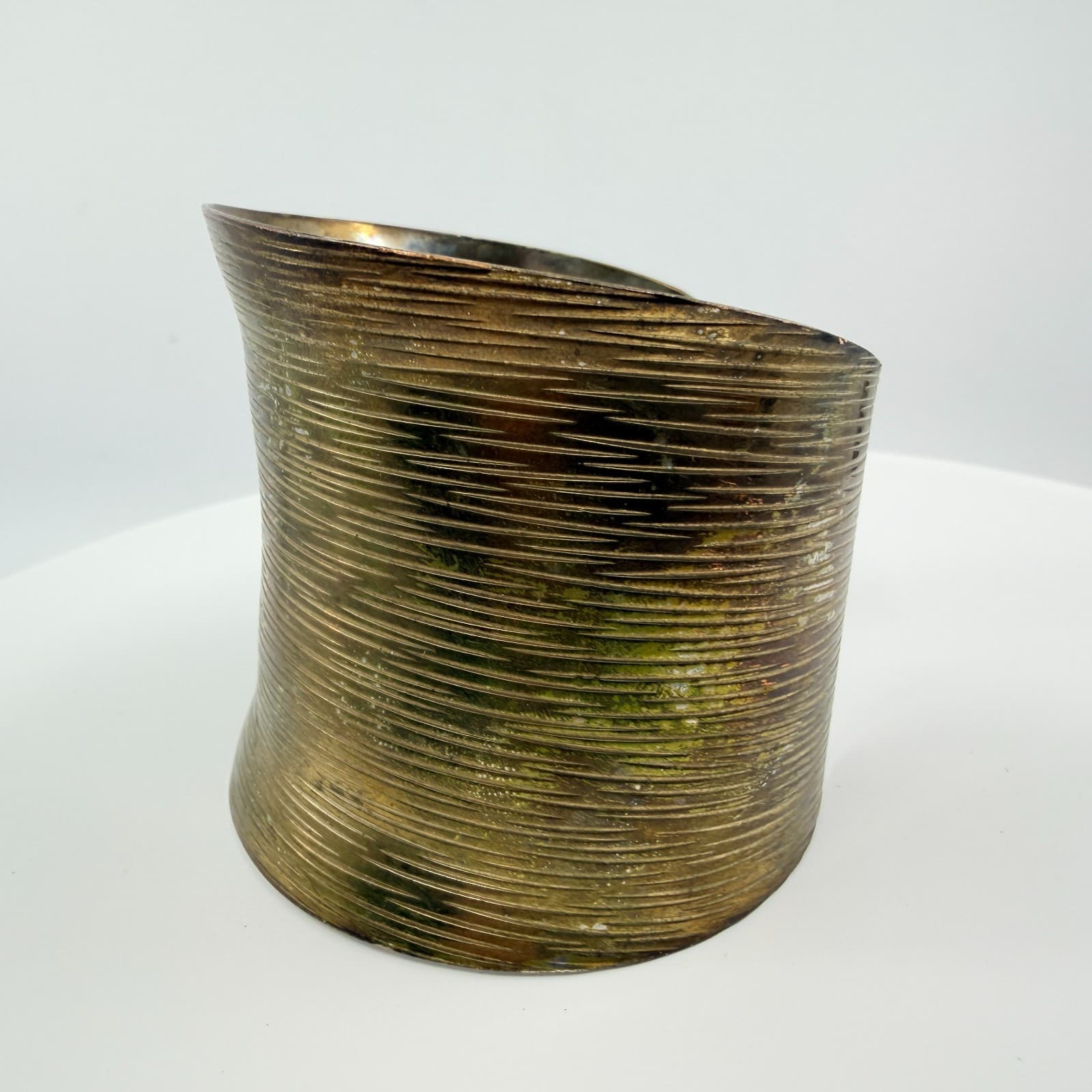 Vintage Brass Tone Ribbed Wide Cuff Bracelet Tall Statement Chunky Textured Boho - Thumbnail 3