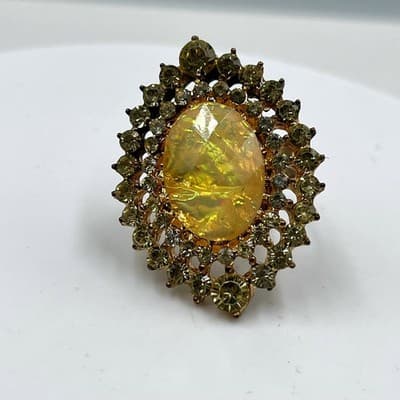 Vintage Statement Ring Gold Tone Opal Look Cabochon Rhinestone Halo Band Classic