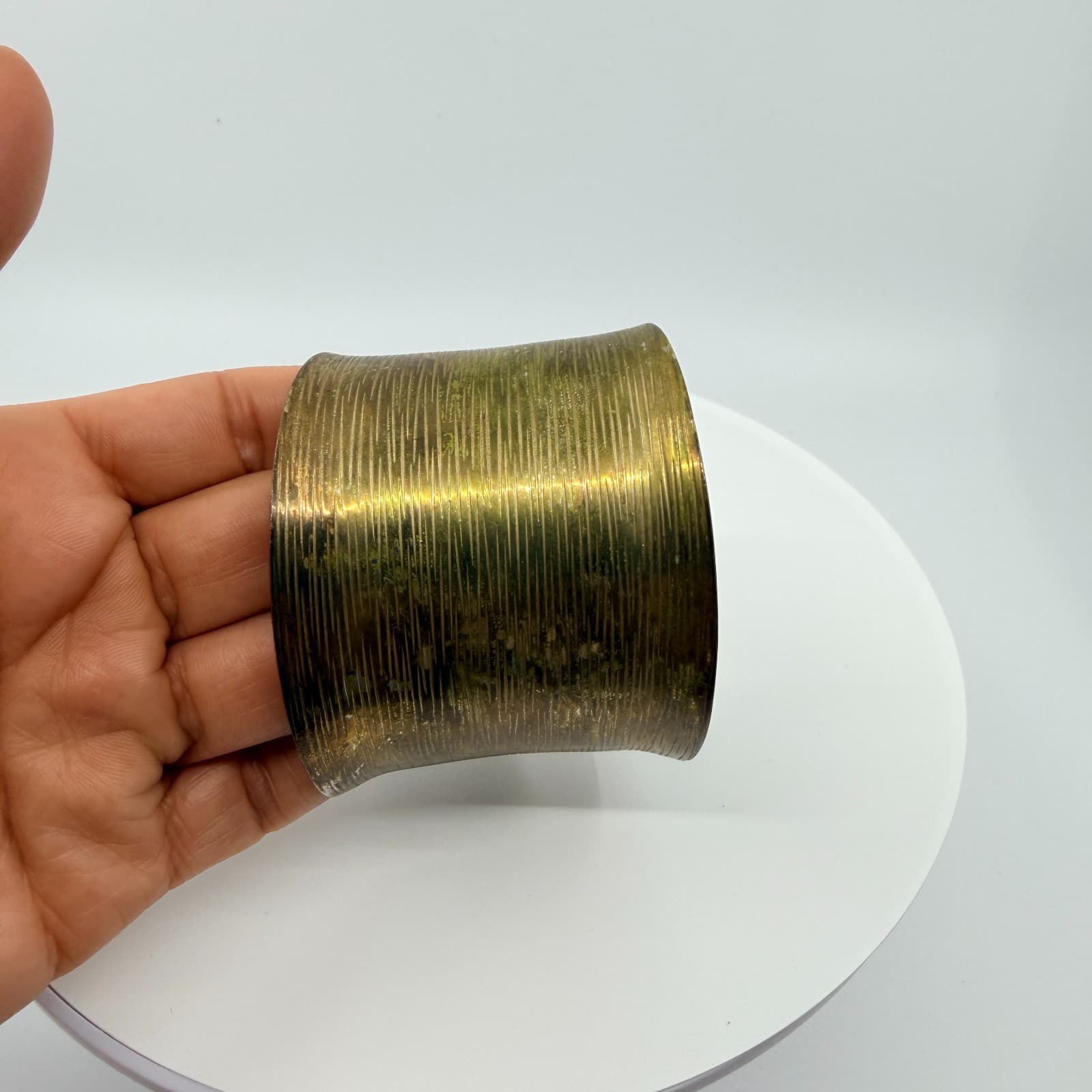 Vintage Brass Tone Ribbed Wide Cuff Bracelet Tall Statement Chunky Textured Boho - Thumbnail 7