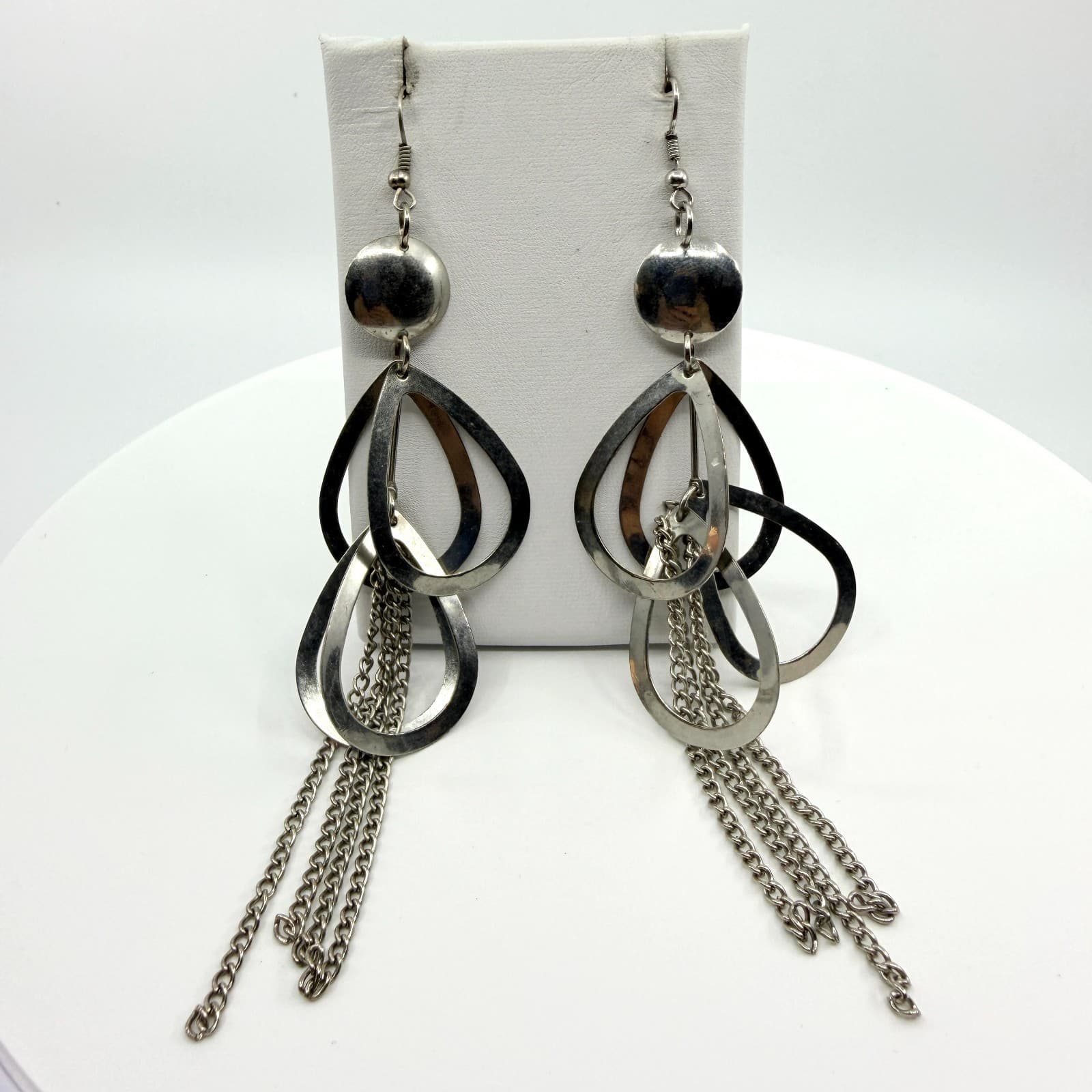 Vintage Silver Tone Teardrop Hoop Tassel Dangle Earrings Chunky Statement Boho - Thumbnail 2