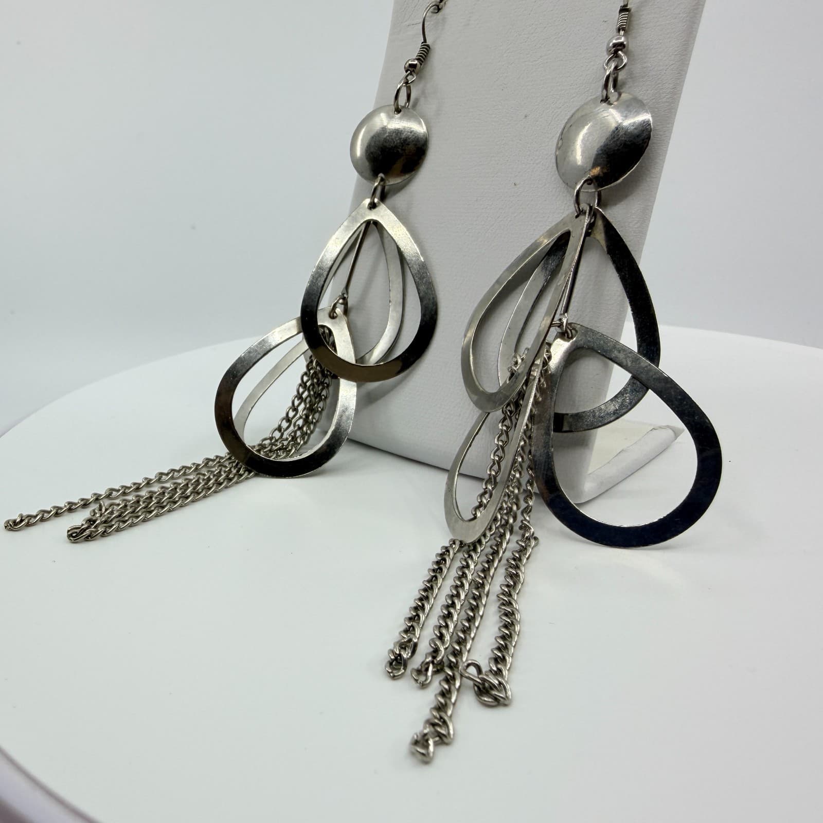 Vintage Silver Tone Teardrop Hoop Tassel Dangle Earrings Chunky Statement Boho - Thumbnail 7