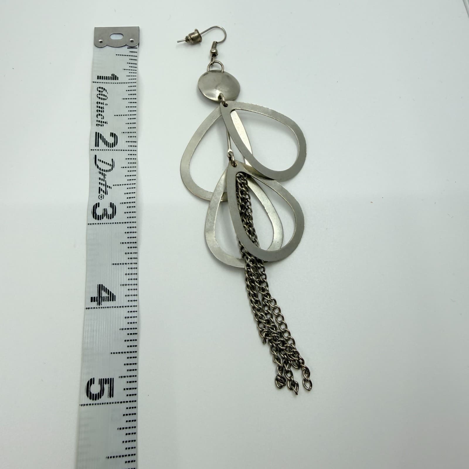 Vintage Silver Tone Teardrop Hoop Tassel Dangle Earrings Chunky Statement Boho - Thumbnail 11