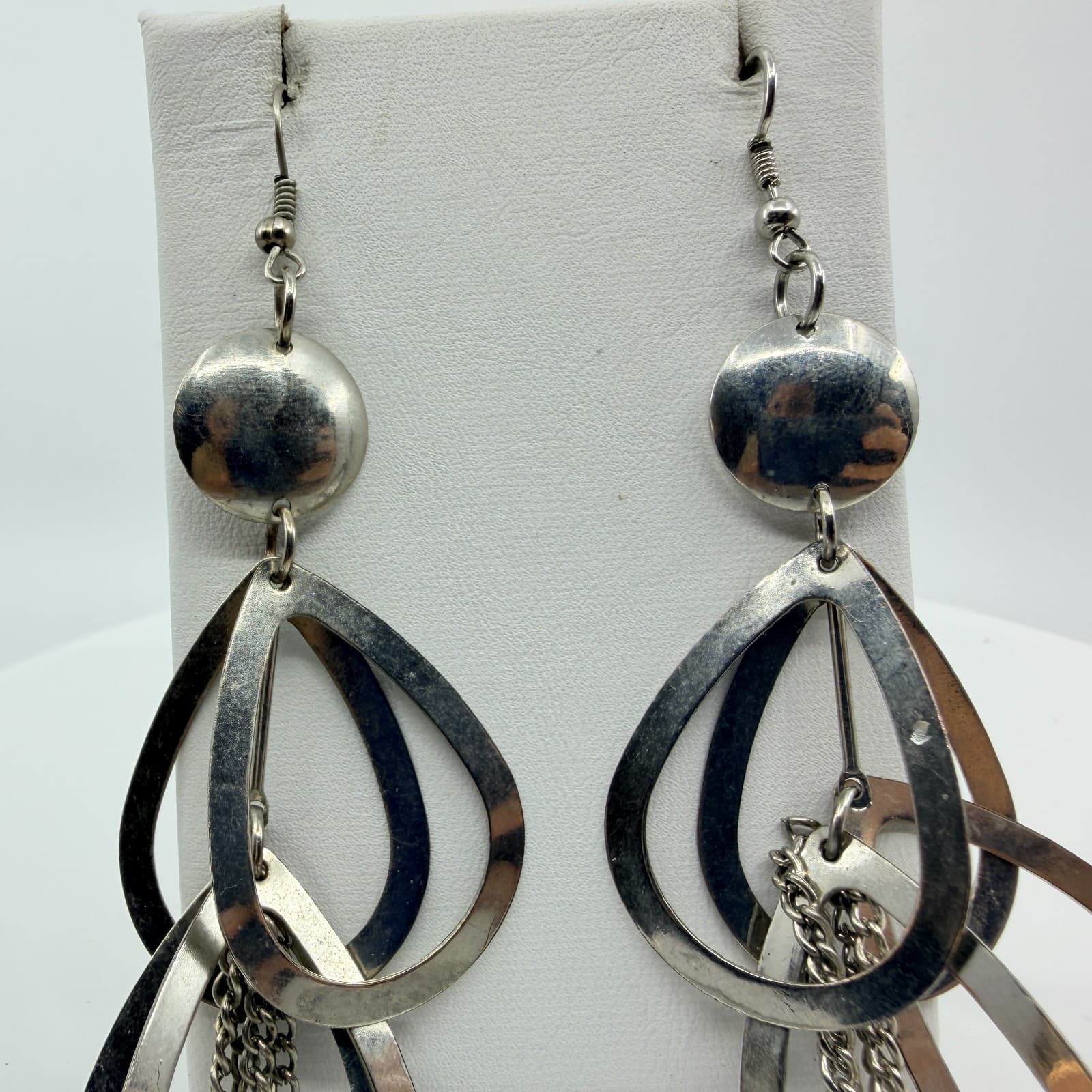 Vintage Silver Tone Teardrop Hoop Tassel Dangle Earrings Chunky Statement Boho - Thumbnail 5